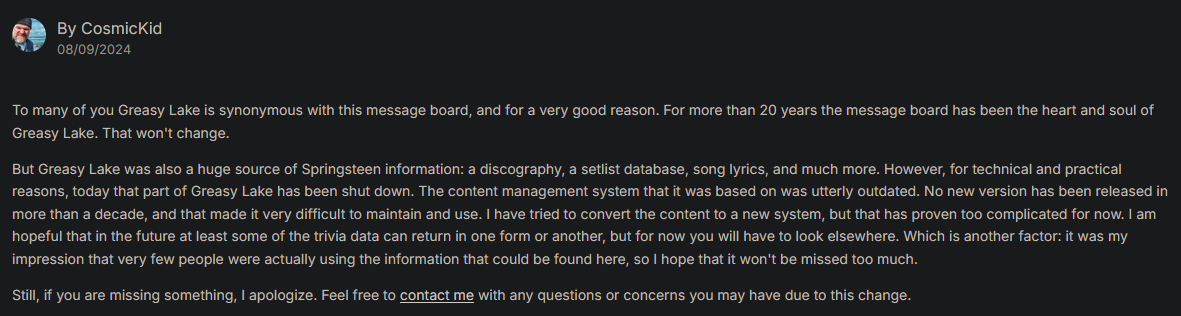 Post announcing the shutdown of most of GreasyLake